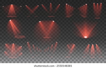 Stage with Spark Effect. Isolated Spotlight and Lighting Effects for Your Design and Illustration in Vector. Vector Set of Isolated Spotlight and Studio Lighting for Your Designs in Shades of red.