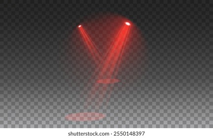 Palco com efeito de faísca. Efeitos isolados de holofote e iluminação para seu design e ilustração em vetor. Conjunto vetorial de holofote isolado e iluminação de estúdio para seus designs em tons de vermelho.