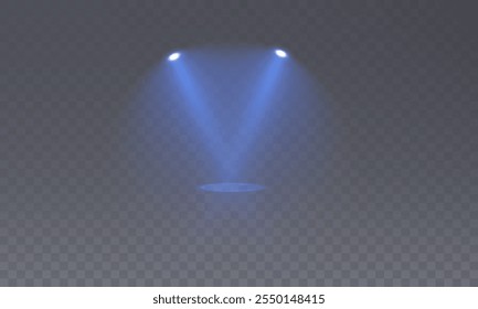 Stage with Spark Effect. Isolated Spotlight and Lighting Effects for Your Design and Illustration in Vector. Vector Set of Isolated Spotlight and Studio Lighting for Your Designs in Shades of Blue.
