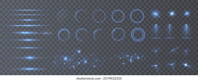 Stage with Spark Effect. Isolated Spotlight and Lighting Effects for Your Design and Illustration in Vector. Vector Set of Isolated Spotlight and Studio Lighting for Your Designs in Shades of Blue.	