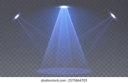 Stage with Spark Effect. Isolated Spotlight and Lighting Effects for Your Design and Illustration in Vector. Vector Set of Isolated Spotlight and Studio Lighting for Your Designs in Shades of Blue.	