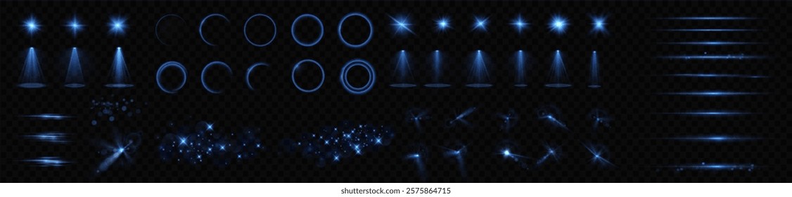 Stage with Spark Effect. Isolated Spotlight and Lighting Effects for Your Design and Illustration in Vector. Vector Set of Isolated Spotlight and Studio Lighting for Your Designs in Shades of Blue.	