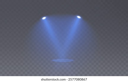 Stage with Spark Effect. Isolated Spotlight and Lighting Effects for Your Design and Illustration in Vector. Vector Set of Isolated Spotlight and Studio Lighting for Your Designs in Shades of Blue.	