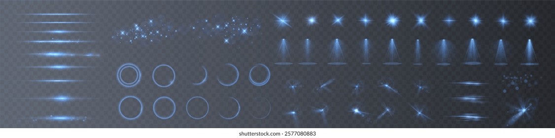 Stage with Spark Effect. Isolated Spotlight and Lighting Effects for Your Design and Illustration in Vector. Vector Set of Isolated Spotlight and Studio Lighting for Your Designs in Shades of Blue.	