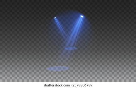 Stage with Spark Effect. Isolated Spotlight and Lighting Effects for Your Design and Illustration in Vector. Vector Set of Isolated Spotlight and Studio Lighting for Your Designs in Shades of Blue.	