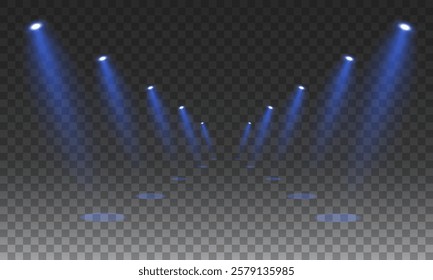 Stage with Spark Effect. Isolated Spotlight and Lighting Effects for Your Design and Illustration in Vector. Vector Set of Isolated Spotlight and Studio Lighting for Your Designs in Shades of Blue.	