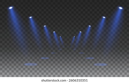 Stage with Spark Effect. Isolated Spotlight and Lighting Effects for Your Design and Illustration in Vector. Vector Set of Isolated Spotlight and Studio Lighting for Your Designs in Shades of Blue.