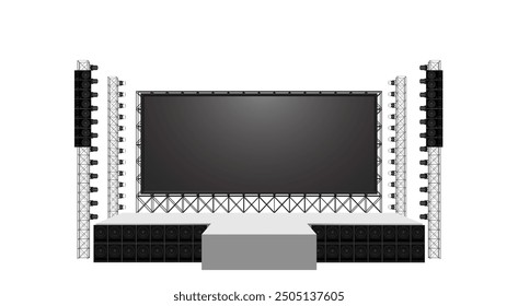 Escenario y altavoz con la pantalla led en el sistema del braguero en el fondo blanco