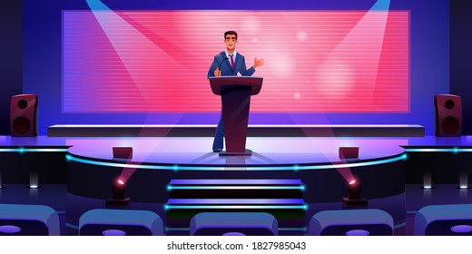 Stage with speaker at podium tribune, sitting rows, projection screen monitor display cartoon vector. Convention conference hall for concert, investment project presentation. Businessman giving speech