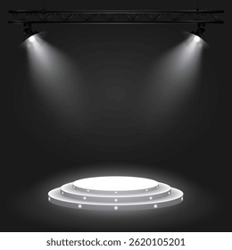 Palco para um discurso, apresentação ou cerimônia de premiação. Pódio branco redondo com holofotes e névoa leve. Dois holofotes em uma estrutura de treliça com luz suave brilhante. Ilustração do vetor EPS10.