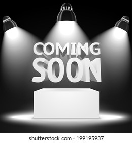 Stage with the spot light projectors lightning the podium with "Coming Soon" message for your business, presentations, offers etc. Vector