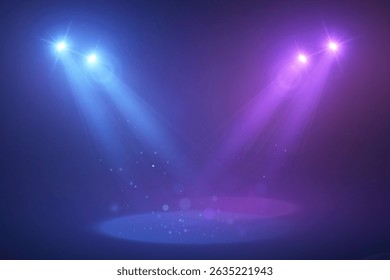 Stage spotlight beams in blue and purple tones with glowing particles and soft bokeh. 