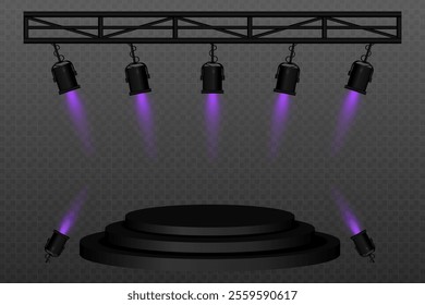 Stage spotlight. Black stage platform illuminated spotlights hanging from a truss and positioned on the floor. Ideal for performances, events, presentations, and shows with dramatic lighting effects