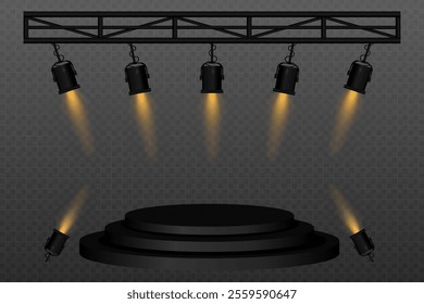 Stage spotlight. Black stage platform illuminated spotlights hanging from a truss and positioned on the floor. Ideal for performances, events, presentations, and shows with dramatic lighting effects