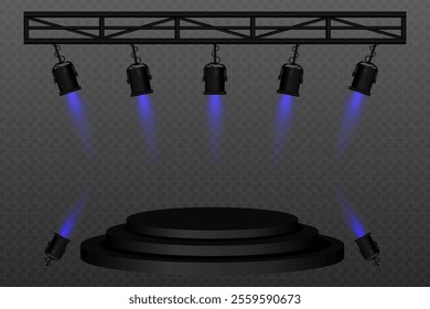 Stage spotlight. Black stage platform illuminated spotlights hanging from a truss and positioned on the floor. Ideal for performances, events, presentations, and shows with dramatic lighting effects