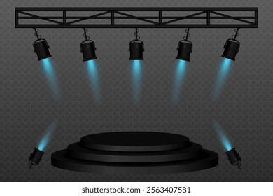 Stage spotlight. Black stage platform illuminated spotlights hanging from a truss and positioned on the floor. Ideal for performances, events, presentations, and shows with dramatic lighting effects