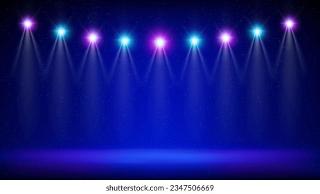 Stage, spotlight. Blue backdrop, background for displaying products. Bright spotlights. Glowing light spot on scene. Shining stage blue pink purple lights with ramp illumination. Vector illustration