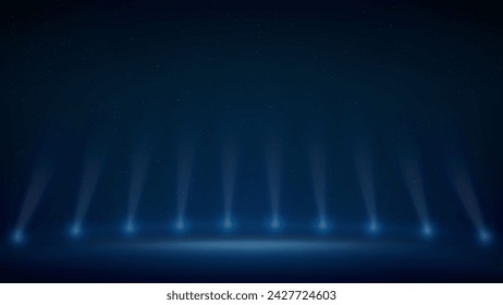 Escenario, foco. Fondo azul, fondo oscuro, tenue para mostrar productos. Focos de fondo. Punto de luz en la escena. Luces azules brillantes del escenario con iluminación de rampa. Ilustración de vector