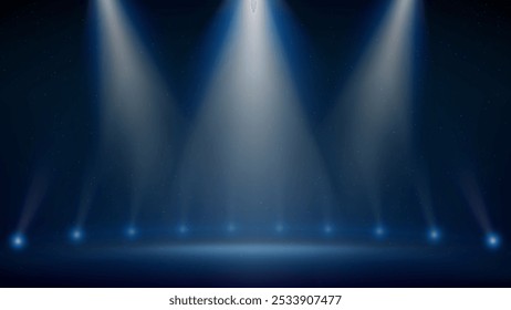 Palco, destaque. Fundo azul, escuro e escuro para exibir produtos. Luzes de fundo. Ponto de luz na cena. Luzes azuis brilhantes do palco com iluminação da rampa. Ilustração vetorial