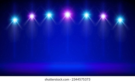 Stufe, Scheinwerfer. Blauer Hintergrund, Hintergrund für die Anzeige von Produkten. Lichtfleck auf der Bühne. Schleuderendes, pink-violettes Lampenlicht mit Rampenlicht. Helle Scheinwerfer. Vektorgrafik