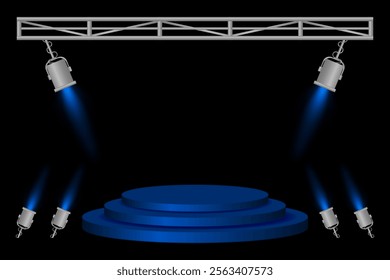 Stage spotlight. Blue podium, spotlights, lighting beams, metal frame, dark background, event preparation, performance platform, stage design, concert setup, theater illumination, presentation area