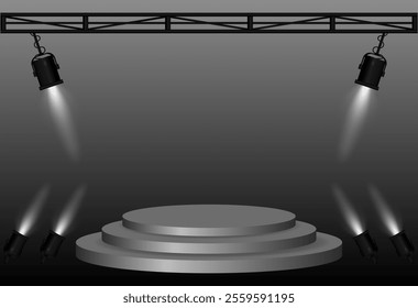 Stage spotlight. Elevated circular platform, angled black stage lights beams, metal truss structure, lighting setup, performance scene, event presentation, theater equipment, focused illumination