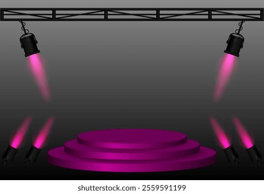 Stage spotlight. Elevated circular platform, angled black stage lights beams, metal truss structure, lighting setup, performance scene, event presentation, theater equipment, focused illumination