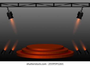 Stage spotlight. Elevated circular platform, angled black stage lights beams, metal truss structure, lighting setup, performance scene, event presentation, theater equipment, focused illumination