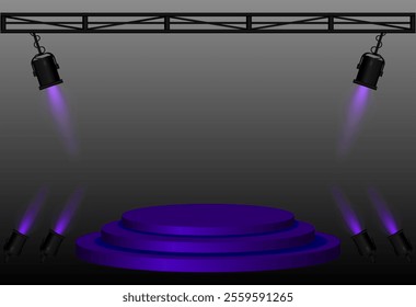 Stage spotlight. Elevated circular platform, angled black stage lights beams, metal truss structure, lighting setup, performance scene, event presentation, theater equipment, focused illumination