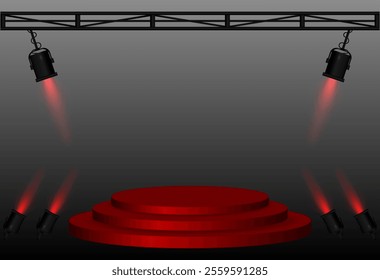 Stage spotlight. Elevated circular platform, angled black stage lights beams, metal truss structure, lighting setup, performance scene, event presentation, theater equipment, focused illumination