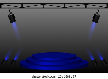 Stage spotlight. Elevated circular platform, angled black stage lights beams, metal truss structure, lighting setup, performance scene, event presentation, theater equipment, focused illumination