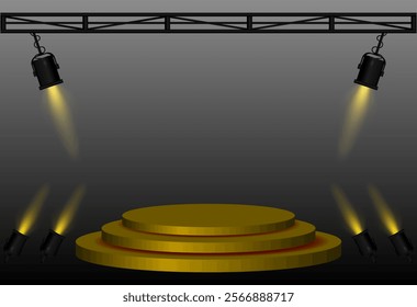 Stage spotlight. Elevated circular platform, angled black stage lights beams, metal truss structure, lighting setup, performance scene, event presentation, theater equipment, focused illumination