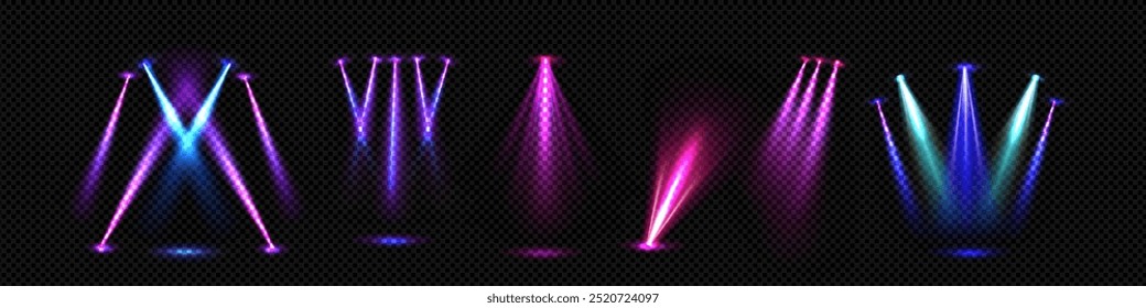 Stage spotlight illumination set isolated on transparent background. Vector realistic illustration of color beams glowing in nightclub, at disco party, music show or dance performance, bright lamps