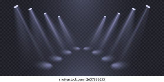 Stage spotlight with light reflection on the floor. Realistic blue light sources, soft light beam inside abstract concert hall, club, theatre. Blue projector scene with rays, vector illustration.