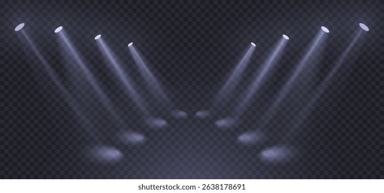 Stage spotlight with light reflection on the floor. Realistic blue light sources, soft light beam inside abstract concert hall, club, theatre. Blue projector scene with rays, vector illustration.