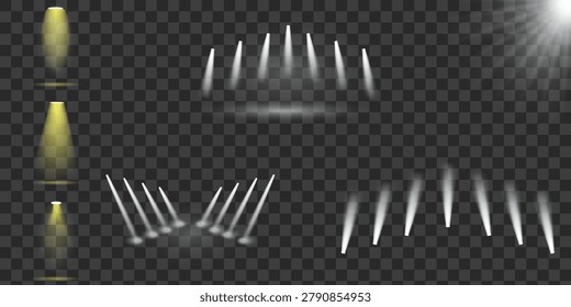 Stage spotlight lighting effect collection with realistic beams illumination transparent overlays and theater presentation assets for entertainment and event design