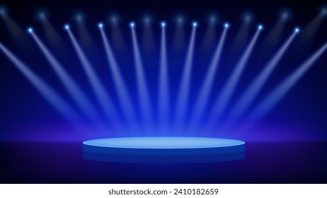 Etapa, foco, podio. Fondo azul, fondo para mostrar productos. Lugares de interés luminosos. Luces brillantes en escena. Luces azules de escenario brillante con iluminación de rampa. Ilustración del vector