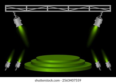 Stage spotlight. Red podium, spotlights, lighting beams, metal frame, dark background, event preparation, performance platform, stage design, concert setup, theater illumination, presentation area