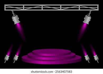 Stage spotlight. Red podium, spotlights, lighting beams, metal frame, dark background, event preparation, performance platform, stage design, concert setup, theater illumination, presentation area