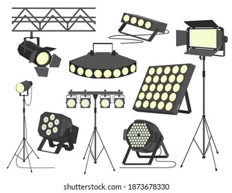 Stage Spotlight Set, Flat Vector Isolated Illustration. Professional Lighting Equipment For Theater Performances, Photo Studio, Movie Production, Concerts, Show Etc.