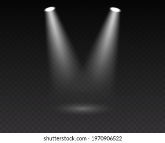 Stage spotlight: two realistic beam of light projector illumination for indoor scene, presentation or entertainment event. Floodlight shining. 3d vector illustration