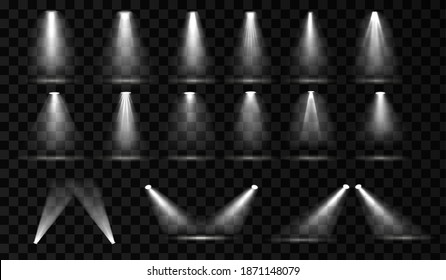 Stage spotlight vector set. Spot light effect with transparent background. Scene illumination collection. Bight light beam