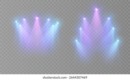Stage spotlights with bright blue and purple beams on a transparent background. Suitable for shows, concerts, presentations and interfaces.