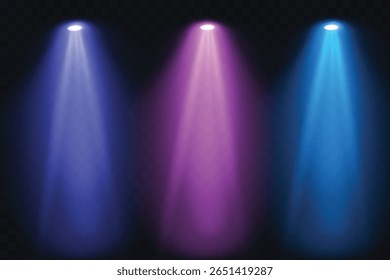 Stage spotlights with bright blue and purple beams on a transparent background. Suitable for shows, concerts, presentations and interfaces.