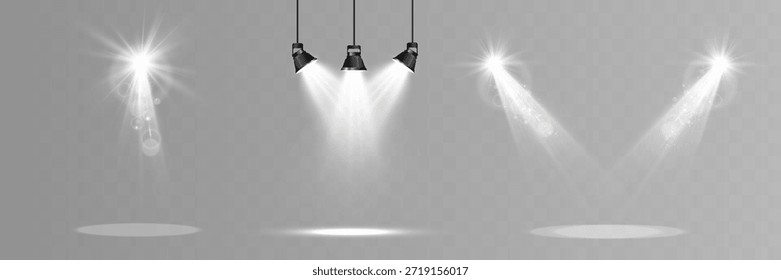 Projetores de palco com feixes de luz frontal brilhantes criando áreas iluminadas realistas em fundo transparente.