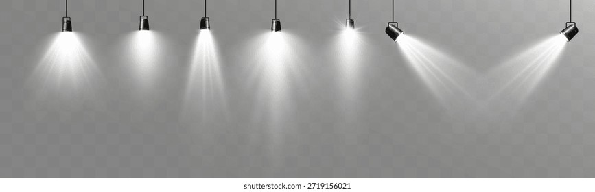 Projetores de palco com feixes de luz frontal brilhantes criando áreas iluminadas realistas em fundo transparente.