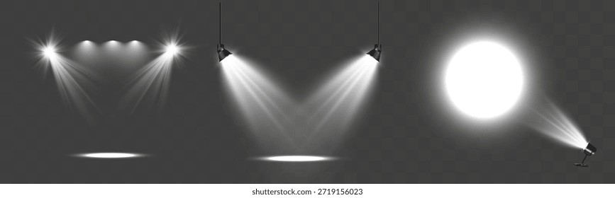 Projetores de palco com feixes de luz frontal brilhantes criando áreas iluminadas realistas em fundo transparente.