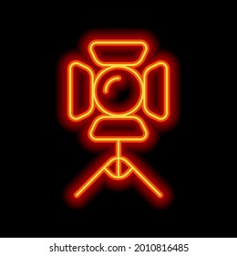 Stage spotlights, light equipment, studio lamp. Orange neon style on black background. Light linear icon with editable stroke