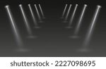 Stage spotlights, realistic light corridor, shiny white beams overlay effect for music stage or awards nomination. Interior lights isolated on a dark backgorund. Vector illustration.