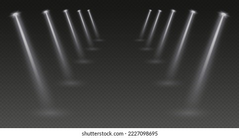 Stage spotlights, realistic light corridor, shiny white beams overlay effect for music stage or awards nomination. Interior lights isolated on a dark backgorund. Vector illustration.